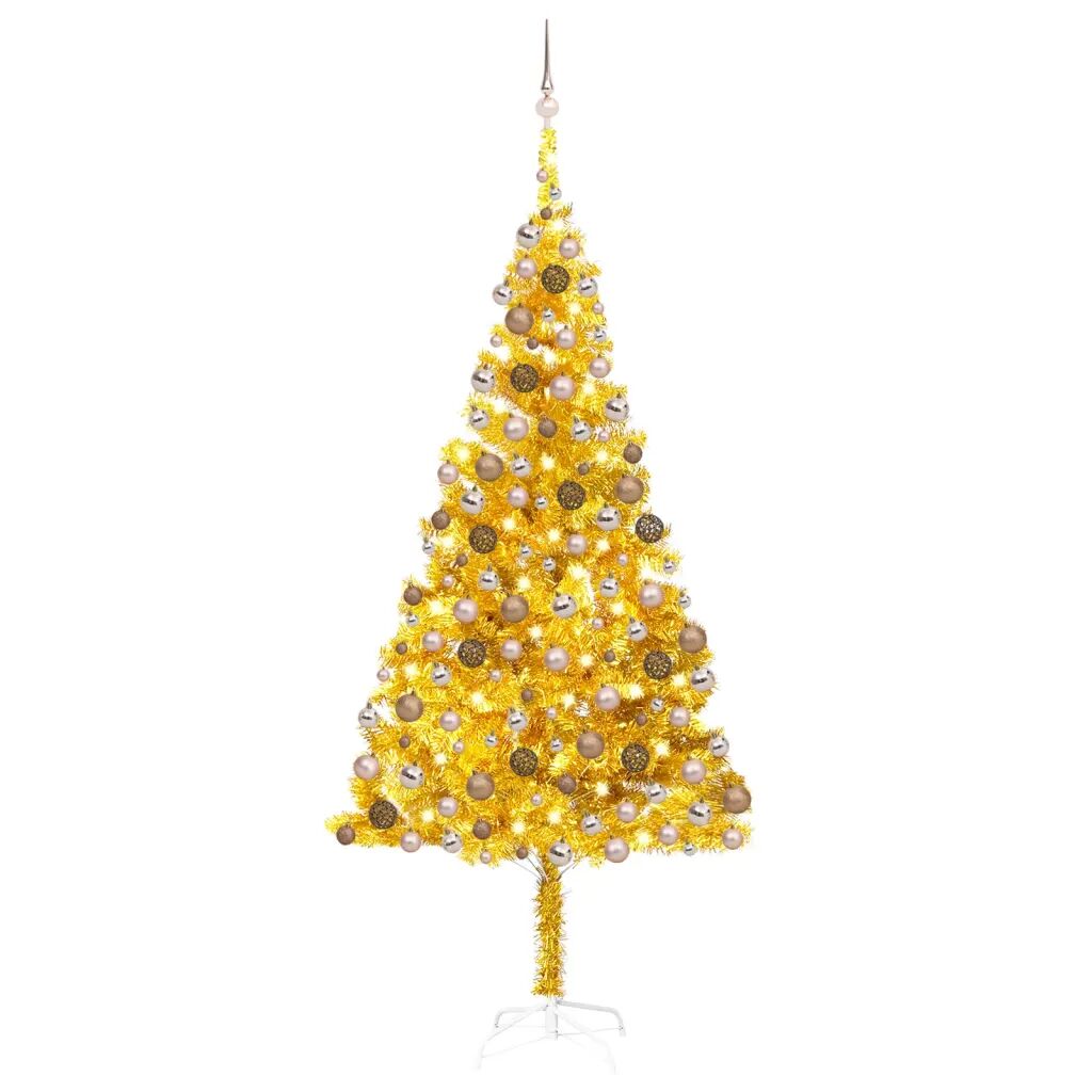 vidaXL Kunstkerstboom met LED's en kerstballen 240 cm PET goudkleurig