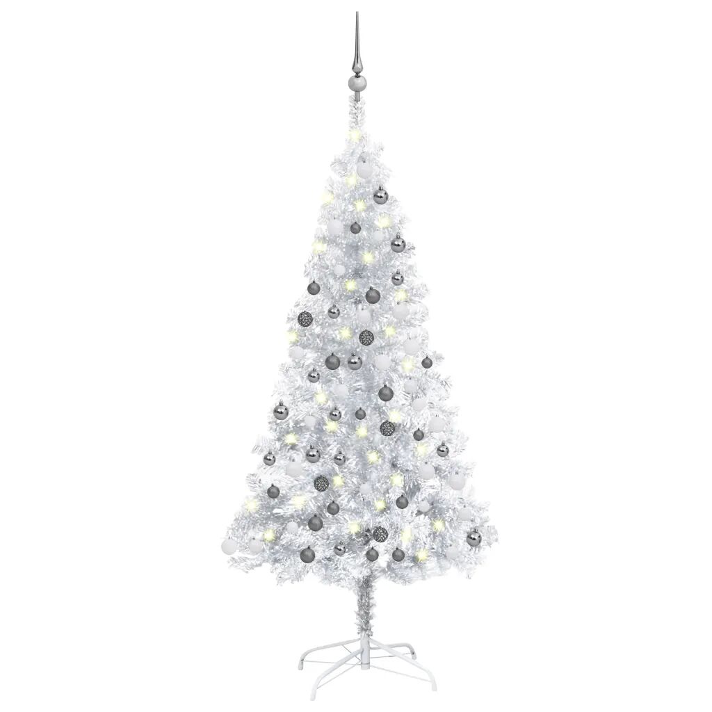 vidaXL Kunstkerstboom met LED's en kerstballen 150 cm PET zilverkleur