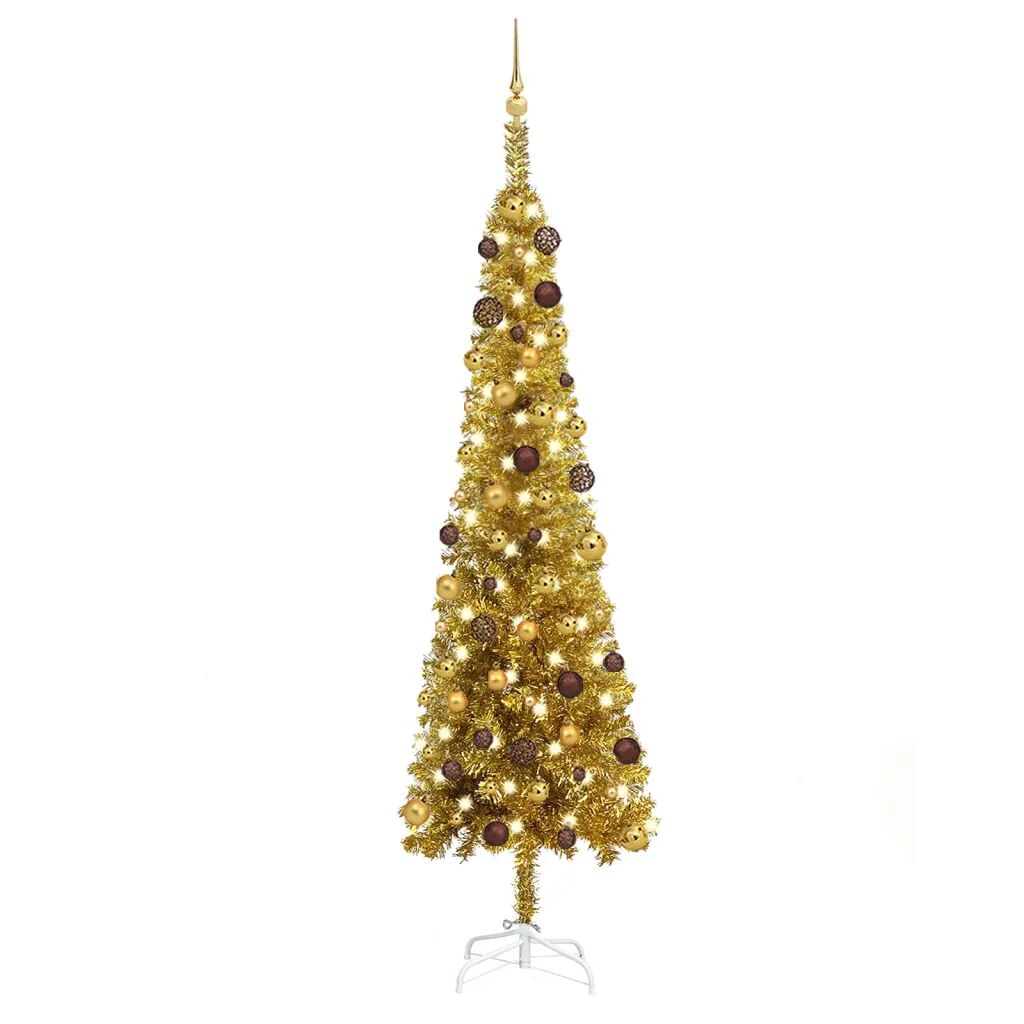 vidaXL Kerstboom met LED's en kerstballen smal 240 cm goudkleurig