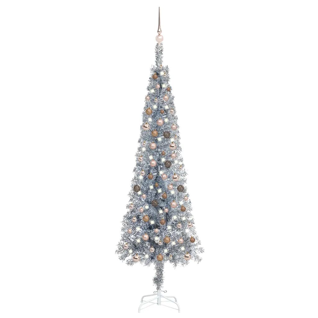 vidaXL Kerstboom met LED's en kerstballen smal 240 cm zilverkleurig