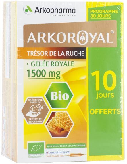 Arkopharma Arkoroyal Trésor de la Ruche Gelée Royale 1500mg Bio 20 ampoules +10 Offertes