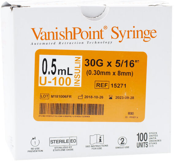 Lysse Matériel Médical Vanish Point Seringue Insuline U-100 0,5ml 30GX5/16' 0,30mmX8mm Aiguille Rétractable 100 unités