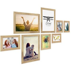 PHOTOLINI Cadre photo bois chêne, cadre large bord, lot de 8 cadres photo, verre acrylique incassable, décoration murale à suspendre, accessoires supplémentaires - Publicité