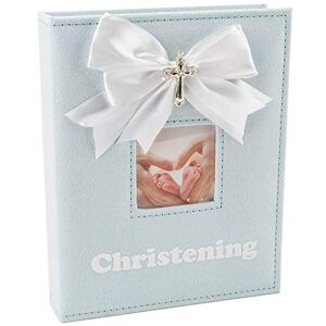 White Faux-Silk Double Bow and Silver Plated Cross Christening Photo Album in Blue - Holds 60 6x4 Pictures - Gorgeous Christening Gift Idea for Baby Boy by Happy Homewares