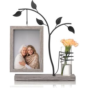 Afuly Family Photo Frame 6x4 Rustic Wooden Picture Frames Double Sided Glass with Decorative Bud Vase and Metal Tree Unique Gifts