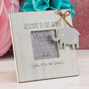 Petit Cheri WELCOME TO THE WORLD Shabby Wooden Photo Frame with hanging elephant Baby Boy Girl Shower Christening GIFT