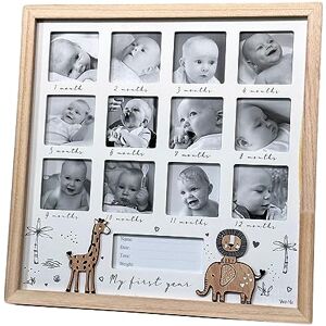 Darthome Safari First Year Photo Frame 30x30cm Wood Square New Baby 12 Month Multi Picture Holder