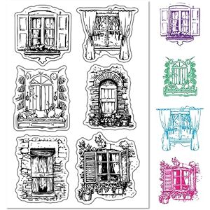 CRASPIRE Window Clear Rubber Stamps Garden Doors Transparent Vintage Silicone Seals Flower Garden Scenery Postmark Film Frame for Journaling Card Making DIY Scrapbooking Photo Album Decorative