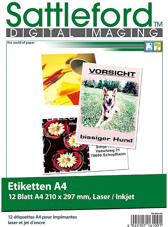 Sattleford 12 Etiketten A4 210x297 mm für Laser/Inkjet