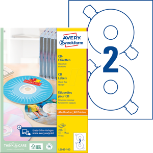 AVERY ZWECKFORM AVZ L6043-100 - CD-Etiketten, ClassicSize, Inkjet, Laser, 200 Stück, weiß