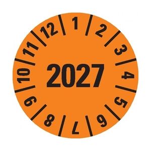 König Werbeanlagen Dreifke® Jahresprüfplakette 2027, orange, Folie, ablösbar, Ø 10mm, 1000/Rolle
