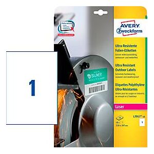 Avery Zweckform Etiketten L7917-10, ultraresistent, geeignet für Laserdrucker, 210 x 297 mm, 10 Stück/10 A4-Bogen, Polyethylen-Folie, weiß