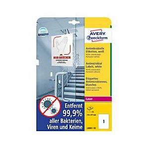 Avery Zweckform Etiketten Serie L8001-10, antimikrobiell, desinfektionsmittelbeständig, für Laserdrucker, 210 x 297 mm, 10 Stück/10 A4-Bogen, Folie, weiß