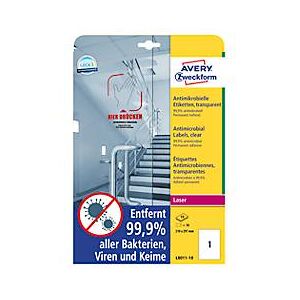 Avery Zweckform Etiketten Serie L8011-10, antimikrobiell, desinfektionsmittelbeständig, für Laserdrucker, 210 x 297 mm, 10 Stück/10 A4-Bogen, Folie, transparent