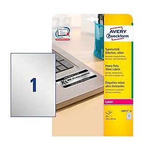 Avery Zweckform Typenschildetiketten L6013-20, extrem robust, geeignet für SW-Laserdrucker, 210 x 297 mm, 20 Stück/20 A4-Bogen, Polyesterfolie, silber