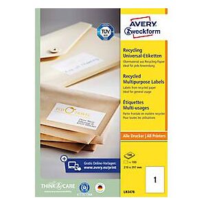 Avery Zweckform Etiketten AVERY® Zweckform, für Druckertyp Inkjet/Laser, rechteckig, nachhaltig, A4 Format, Papier, naturweiß, 100 Etiketten, B 297 x H 210 mm