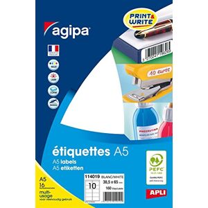 Agipa Lot de 10 Etuis A5 ( 16F ) de 160 étiquettes multi-usage Permanentes 38,5 x 65 mm Blanc - Publicité