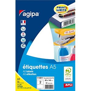 Agipa Lot de 10 Etuis A5 (16F) de 32 étiquettes multi-usage Permanentes 80 x 140 mm Blanc - Publicité