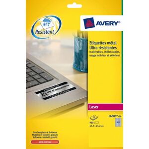 Avery Etiquettes ultra résistantes 45,7 x 21,2 mm Avery L6009-20 - gris métal - Pochette de 960