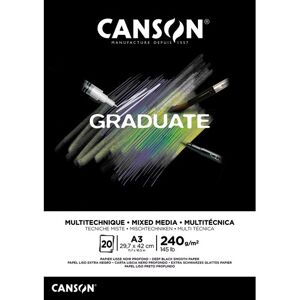 Canson Bloc de 20 feuilles GRADUATE MIXED MEDIA. Format A3, 240 grammes. Papier lisse noir profond. Collé - Lot de 5