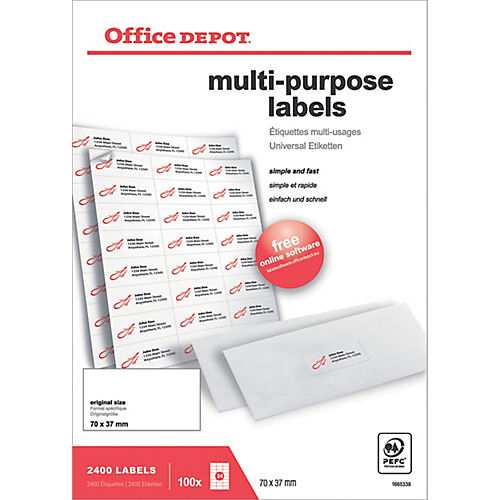 Office Depot Étiquettes multifonctions Office Depot Coins droits 70 x 37 mm Blanc 70 x 37 mm 100 Feuilles de 24 Étiquettes