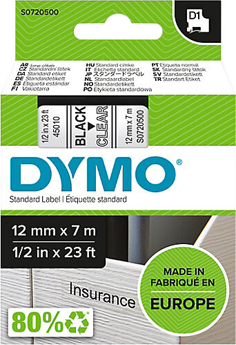 DYMO Ruban d'étiquettes DYMO D1 45010 12 mm x 7 m Noir  transparent