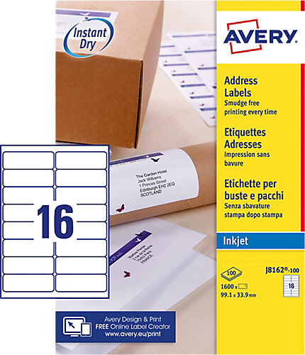 Avery Étiquettes d'adresses Avery Quick DRY A4 Blanc 99 1 x 33 9 mm 100 Feuilles de 16 Étiquettes