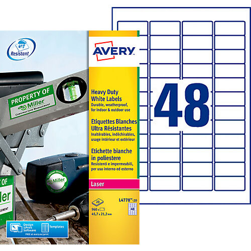 Avery Étiquettes ultra résistantes Avery L4778-20 Blanc 45 7 x 21 2 mm 48 Feuilles de 20 Étiquettes