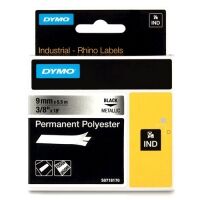 Dymo 18485 IND Rhino 9mm permanent polyester tape, black on metallic (original)