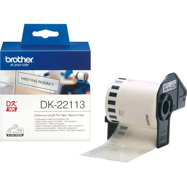 brother dk22113 nastro per etichettatrice adesivo pellicola nero/trasparente 62mm - dk-22113