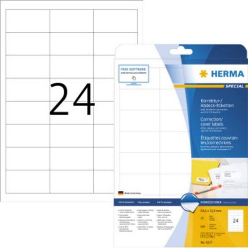 Herma 4227 Correctie-etiketten 64.6 x 33.8 mm Papier, mat Wit 600 stuk(s) Permanent hechtend Laser (zwart/wit), Kopiëren (zwart/wit), Laser (kleur), Kopiëren