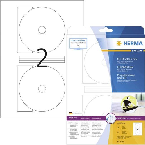 Herma 5115 CD-etiketten Ø 116 mm Papier Wit 50 stuk(s) Permanent hechtend Inkjet, Laser (zwart/wit), Laser (kleur), Kopiëren (zwart/wit), Kopiëren (kleur),