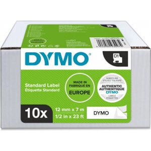 Dymo D1-Tejp 12 Mm X 7 M, Svart På Vit Botten, 10 St Förpackning