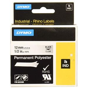 Dymo RhinoPRO Permanent Adhesive Polyester Fabric Thermal Transfer Label Tape, 1/2-inch (12 mm), Black Type on Clear, (622289)