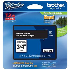 Original Brother P-Touch TZE345 18mm Gloss Tape - White on Black