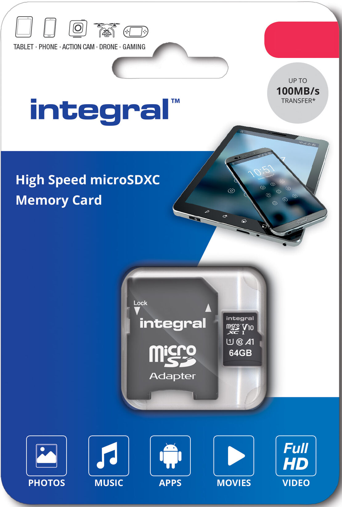 INTEGRAL Carte Micro SDXC UHS-I U1 64GB (100MB/s) + Adapt