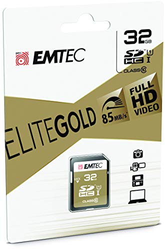 ECMSD32GHC10GP Emtec 32 GB Class10 Gold + minneskort SDHC klass 10 – minneskort (32 GB, SDHC, klass 10, 85 MB/s, svart, brun)