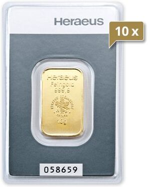 10 x 10 g Goldbarren Heraeus