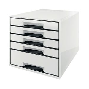 LEITZ Schubladenbox WOW Cube 5 geschlossene Schubladen, 1 hohe, 4 flache, Gehäuse: weiß, Schublade: schwarz, mit Auszugstopp, Schubladeneinsatz