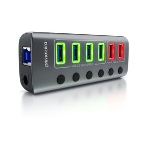 Primewire - USB 3.2 Gen.1 6 Port Hub aktiv schaltbar - mit Netzteil - 4 x USB 3.2 Gen1, 2X USB 3.0 mit smart Charge (Ladeports) - Alugehäuse grau