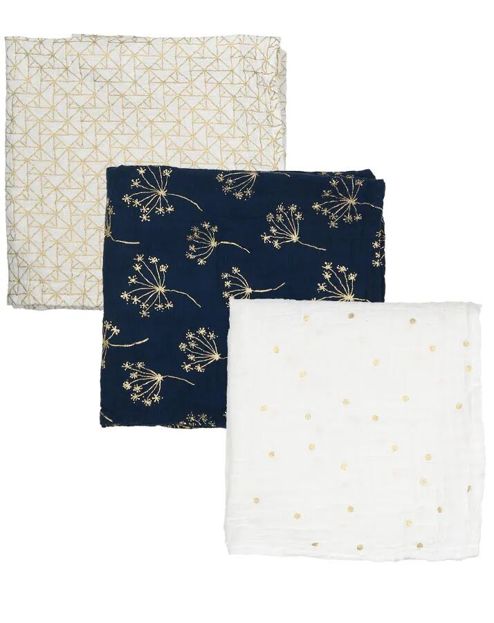 aden + anais Mullwindel-Set MUSY METALLIC GOLD (70x70cm) 3er-Set in weiß/blau