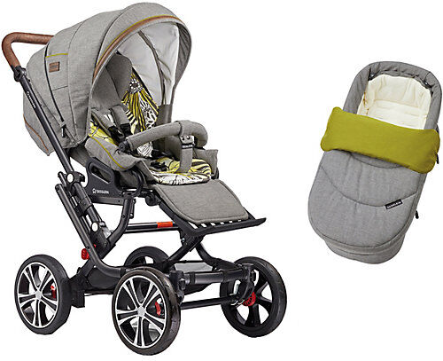 GESSLEIN Kombi Kinderwagen F10 Air+ inkl. C2 Kompakt-Tragetasche, Gestell schwarz/tabak, stein meliert / limegrüne Muster