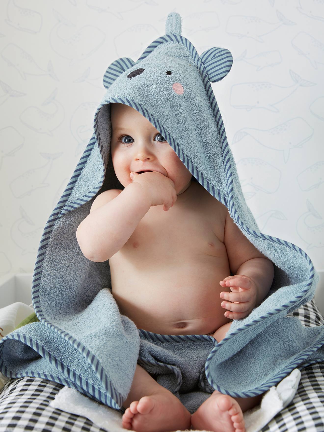 VERTBAUDET Capa de baño con capucha bordado animales bebé azul medio liso