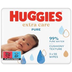 HUGGIES Lingettes Extra Care Sensitive pour bébé, pour tout le corps, eau pure à 99 %, sans parfum, 3 x 56 lingettes, paquet de 3 - Publicité