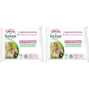 Love & Green Lingettes Toilettes Saines et Ecologiques Paquet de 55 Lingettes Certifiées Cosmo Natural par ECOCERT et FSC Emballage recyclable (Lot de 2) - Publicité