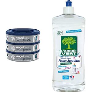 Angelcare Dress Up Recharges Octogonales pour Poubelle à Couche Dress up/Essential Lot de 3 & L'Arbre Vert Liquide Vaisselle Peaux Sensibles Biberons 750 ml - Publicité