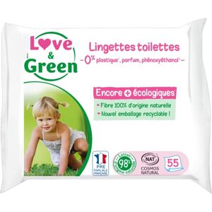 Love & Green Lingettes Toilettes Saines et Ecologiques Paquet de 55 Lingettes Certifiées Cosmo Natural par ECOCERT et FSC Emballage recyclable - Publicité