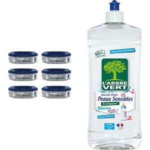 Angelcare Dress Up Recharges Octogonales pour Poubelle à Couche Dress up/Essential Anti Odeurs et Grande Capacité Lot de 6 & L'Arbre Vert Liquide Vaisselle Peaux Sensibles Biberons 750 ml - Publicité