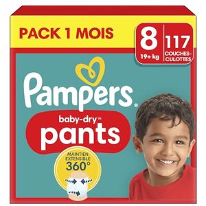 Pampers Couches-Culottes Baby-Dry Taille 8, 117 Couches, 19kg+, Maintien Complet 360° Pour Éviter Les Bâillements Et Les Fuites - Publicité