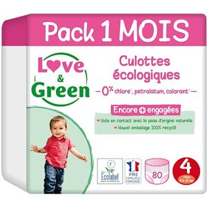 Love & Green Couches Culottes Saines et Ecologiques Taille 4 (8-15 kg) Pack 1 Mois (80 Culottes) Absorbante, anti-fuites et sans ingrédients indésirables - Publicité